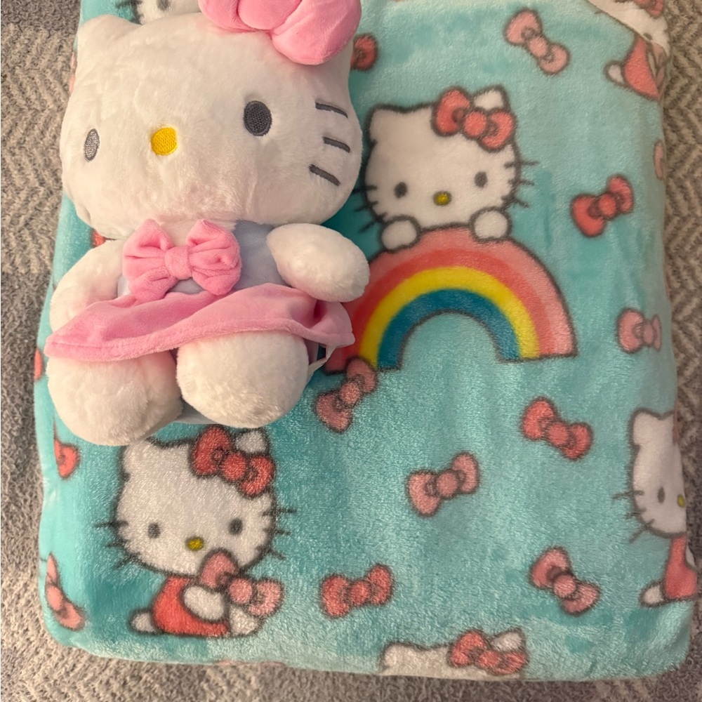 Sanrio Hello Kitty Blanket with Pink and Blue Accents with Plushie